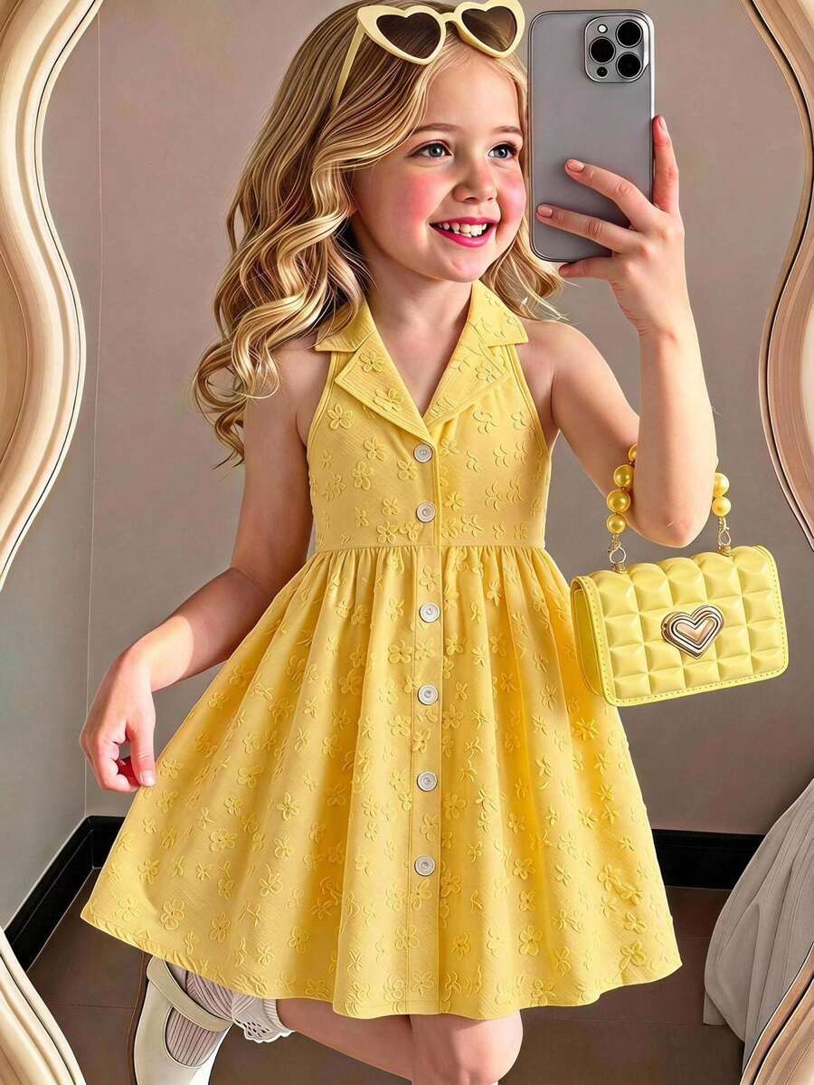 SHEIN Elladie kids 花园女孩夏季新款时尚Polo领露背吊带束腰甜美度假风连衣裙,少女正式连衣裙 - 黃色 - 查看 1