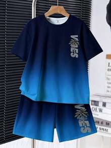 SHEIN 兒童青少年男孩休閒街頭風舒適時尚簡約圓領短袖T恤與短褲套裝 度假海軍藍夏季 - 彩色 - 查看 2
