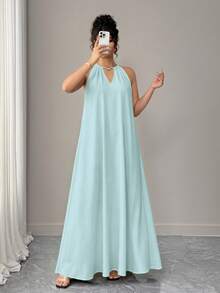 Elenzga Vestido holgado de cuello halter con abertura en forma de cerradura de unicolor para mujer de talla grande - Azul menta - Ver 3