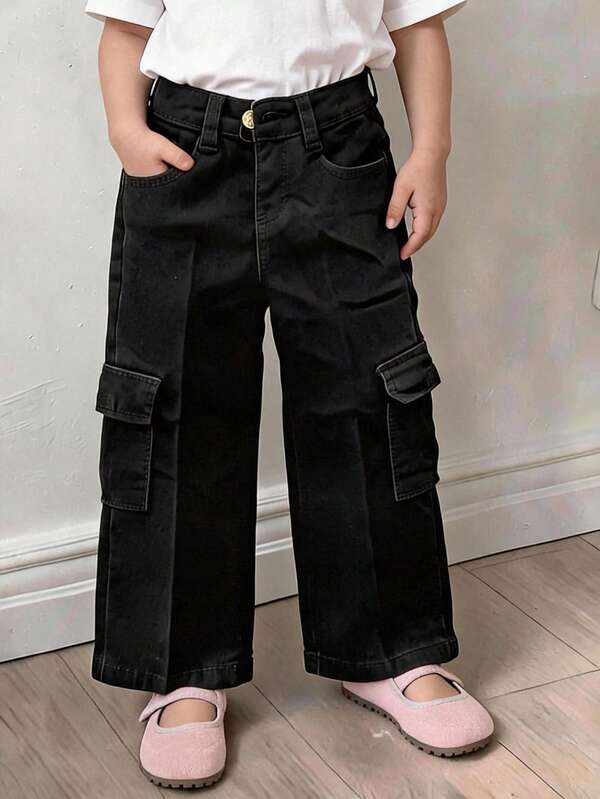 Pantalon de niña de mezclilla stretch corte holgado tipo cargo | jean infantil ancho con bolsillos laterales y algodon elastico premium diseño comodo tallas 2 4 6 8 10 12 14 16 ropa suave