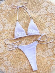 Swim Vcay 女款夏季海灘比基尼泳衣，環扣連接三角胸罩與丁字褲式泳裝 - 白色 - 查看 2