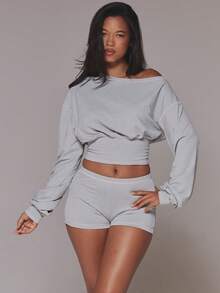 MUSERA Conjunto de Top Corto con Hombros Descubiertos y Manga Larga y Shorts Casual para Estar en Casa y Uso Diario Estilo Coolgirl - Amarillo - Ver 5
