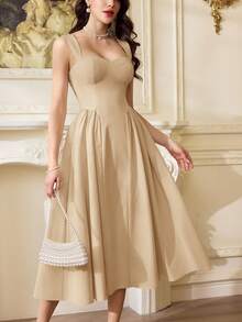 Vintamour Vintage Elegant Women Dress With Pockets Casual Tea Party Dress Festivals Party Summer Khaki Green - Khaki - View 1