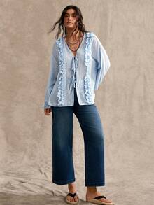 Nubod Elegant Plus Size Women's Loose Ruffle Trim Tie Front Solid Color Blouse Fall - Baby Blue - View 6