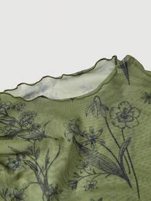 SHEIN MOD Plus Size Women's Stand Collar Floral Print Pleated Slim Fit Versatile Daily Wear Top Fall - Green - View 6