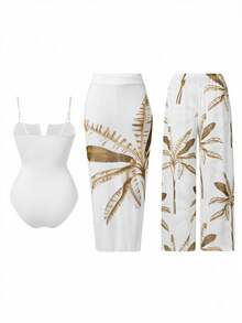Swim Oasis Women's 3-Piece Summer One-Piece Floral Print Swimsuit With Skirt And Beach Shorts Set For Vacation And Beach - Multicolor - View 3