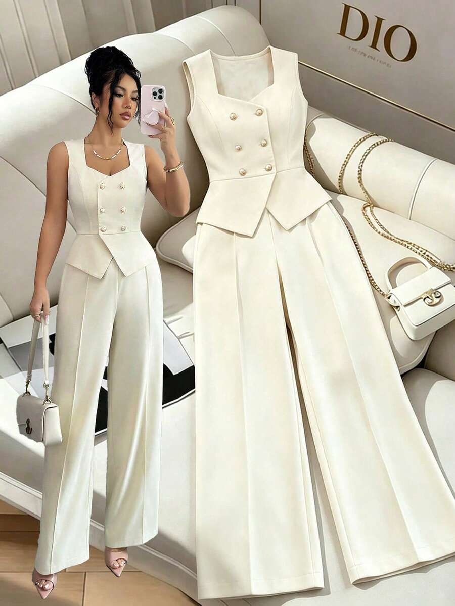 SHEIN Elenzya 女士优雅通勤纯色双排扣马甲长裤两件套,夏季 - 杏色 - 查看 1