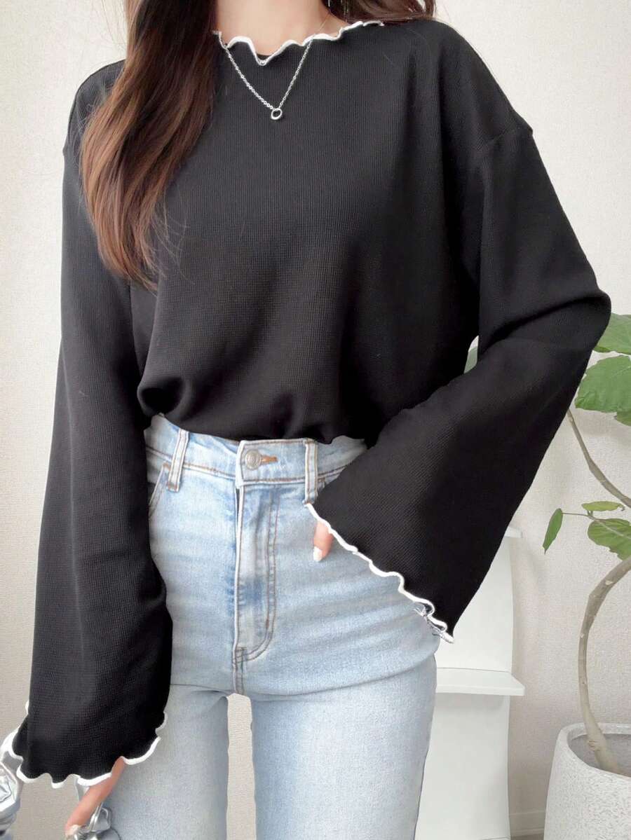 FRIFUL Women's Wavy Frill Trim Striped Loose Contrast Color Edge Short Sleeve T-Shirt, Summer Casual Top - Beige - View 1