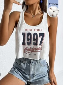 SHEIN EZwear 休閒極簡風復古 1997 數字圖案 95% 棉女款寬鬆短版大 U 領背心，適合春夏街頭穿搭 - 白色 - 查看 10