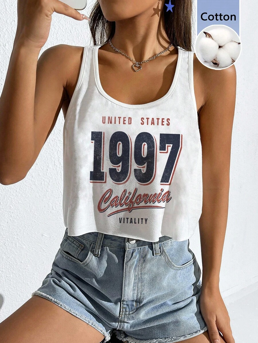 SHEIN EZwear 休閒極簡風復古 1997 數字圖案 95% 棉女款寬鬆短版大 U 領背心,適合春夏街頭穿搭 - 白色 - 查看 1