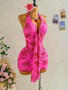 Soleia Women's Pink Floral Summer Boho Sexy Holiday Vacation Casual Dress, V-Neck Tie Strap Bow Tie Waist Ruched Mini Dress For Beach Night Out,Cruise,Party - Pink - View 5