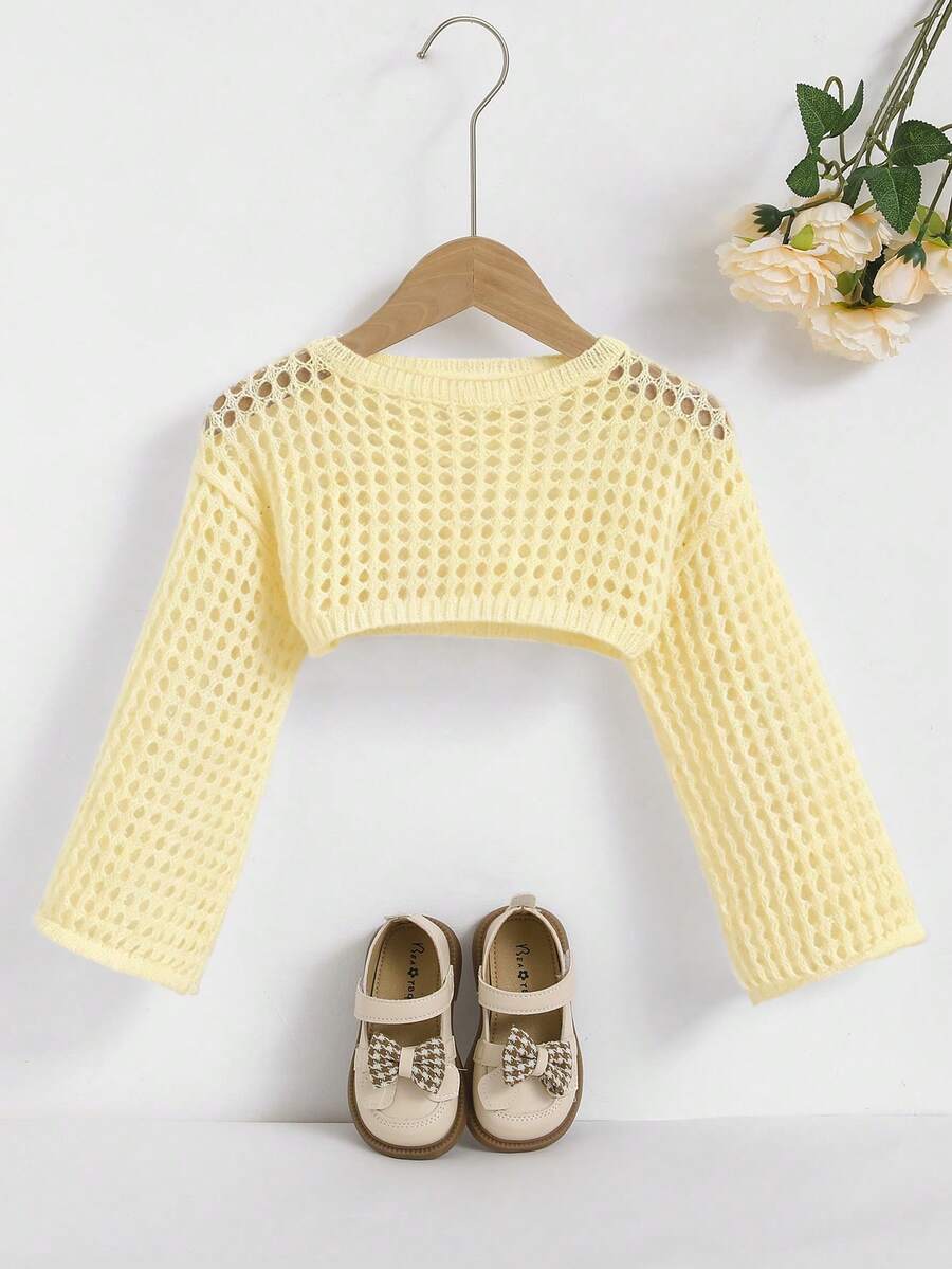 Young Girl Solid Color Hollow Design Long Sleeve Sweater - Yellow - View 1