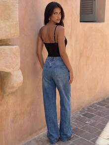 SHEIN Swim بودي سوت مثير بلون موحد مع تطريز دانتيل، أسود صيفي - الأسود - مشاهدة 2