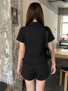 DAZY 2pcs/Set Women's Summer Pajama Set, Frill Trim Lapel Half-Button Short Sleeve Polka Dot All-Over Print Top And Short Pajama Pants - Black - View 2