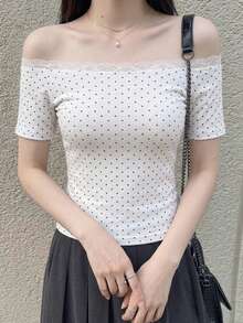 Dazy Tall 女款高個子長袖圓點蕾絲拼接休閒T恤，適合高個子女孩 - 黑與白 - 查看 3