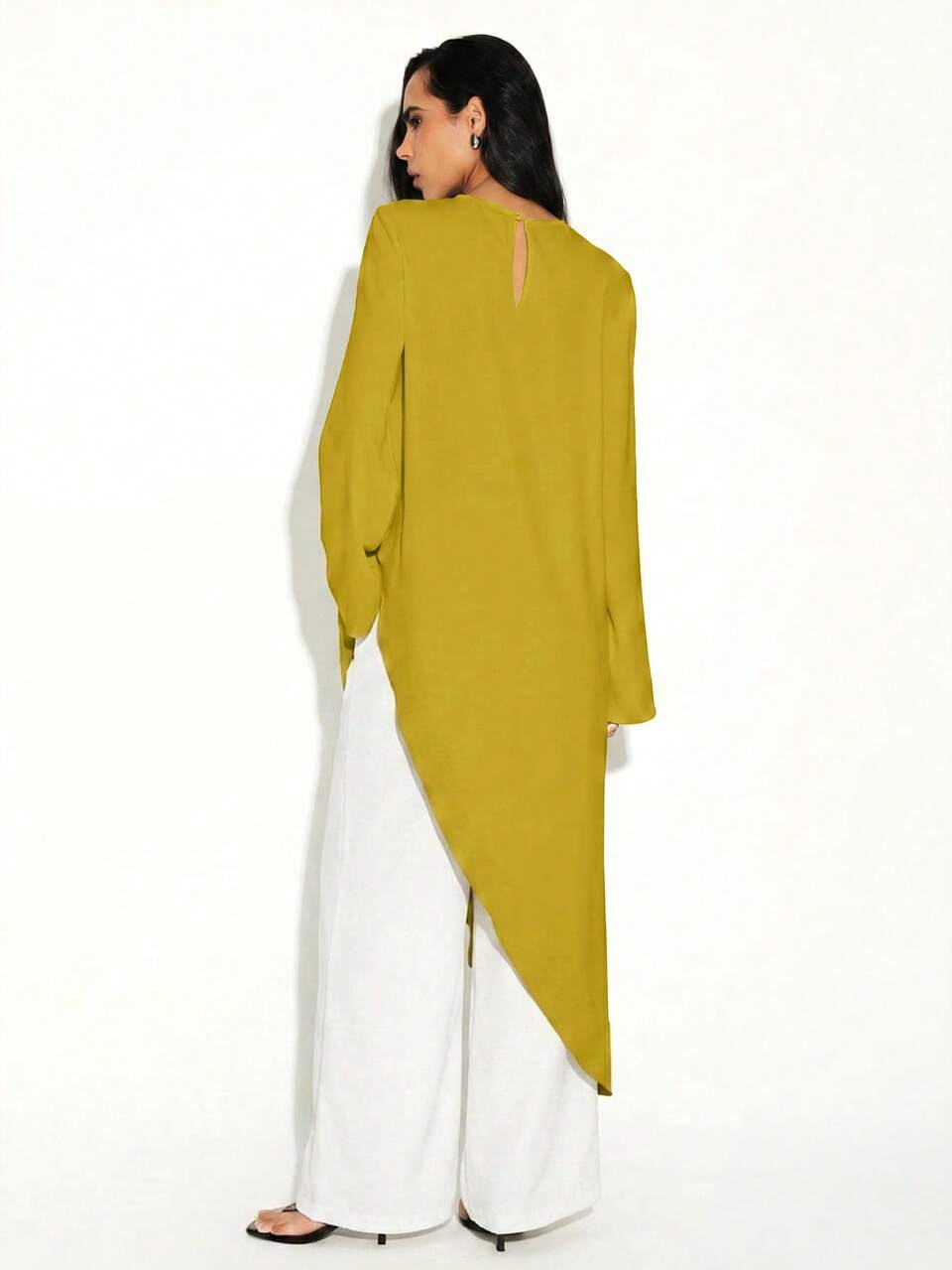 KSTM Asymmetric Flowing Long Sleeve Blouse With Draped Hem Keyhole Back Detail Elegant Evening Top