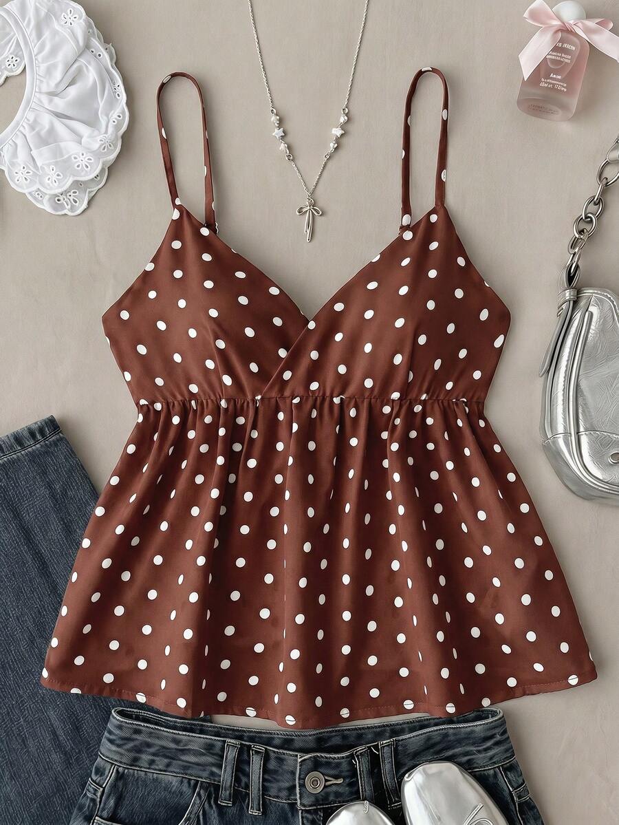 SHEIN 青少年女孩波點V領細肩帶背心上衣，休閒度假風，春/夏新品 - 棕色 - 查看 1