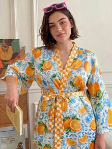Chillnights Casual Vacation Fruit Plaid Color Block Geometric Print Satin Plus Size Robe - Multicolor - View 6