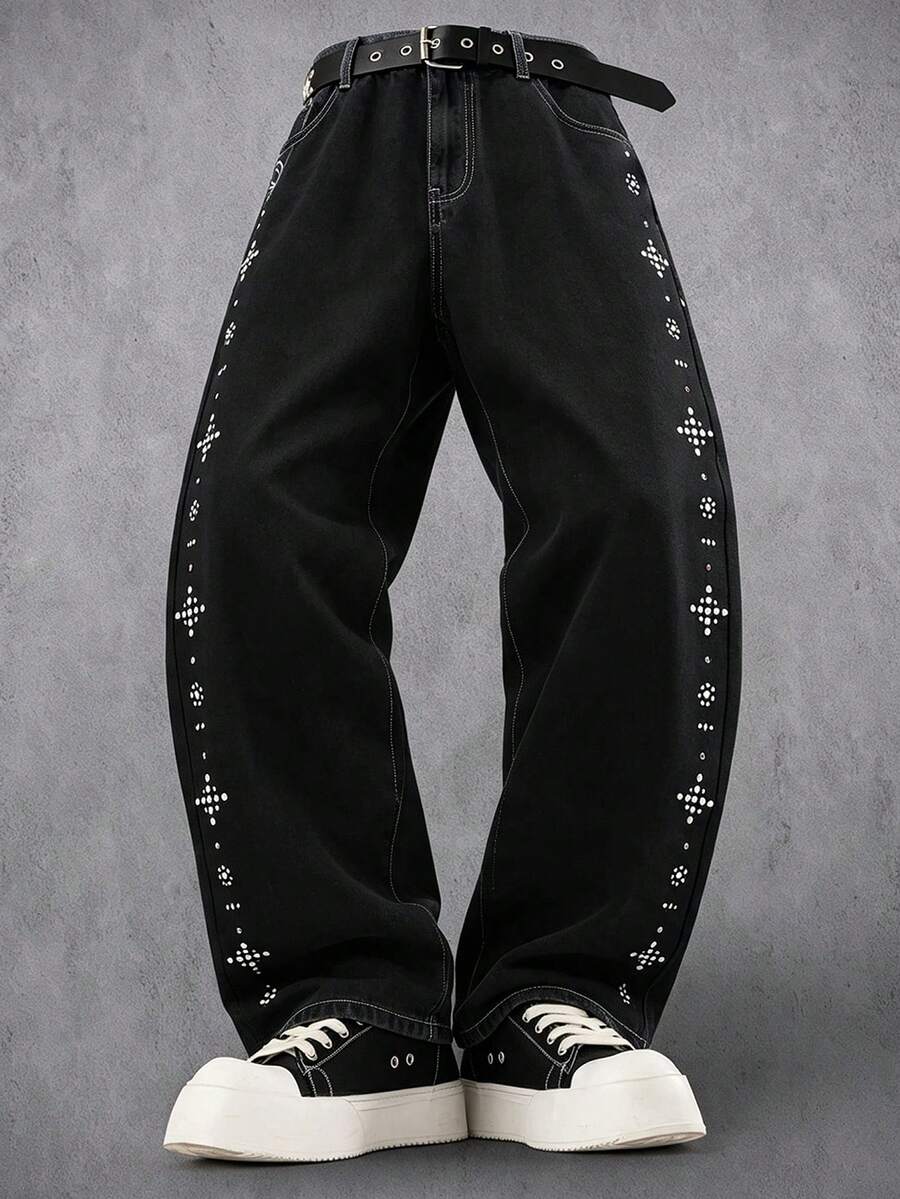 Manfinity Denimwave 男士黑色寬鬆版型串珠裝飾牛仔長褲,哥德風街頭休閒牛仔褲 - 黑色 - 查看 1