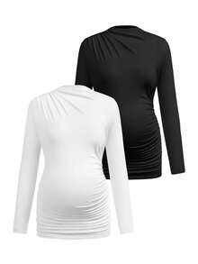 Modmama Camiseta de maternidad casual versátil de unicolor con fruncido y ajuste ceñido - Blanco y Negro - Ver 9