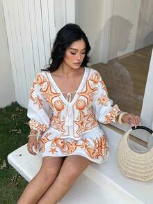 Sunnyshic Spring, Summer, Fall, New Heavy Design Tassel Bow, Elegant, Vacation, Design-Oriented Print Fabric Puff Long Sleeve Shirred Tie-Front Blouse Shirt Women, Paired With Ruched Waist Slimming Cake Skirt Two Pieces Set - Burnt Orange - View 4