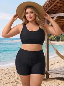 SHEIN CURVE+ Plus Size Women's Bikini Set With Triangle Top And Mesh Cover-Up, Fashionable Minimalist Sexy Swimwear For Beach, Vacation, Pool And Swimming Summer - Black - View 5