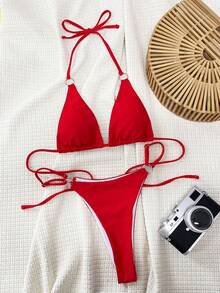 Swim Vcay 女款夏季海灘比基尼泳衣，環扣連接三角胸罩與丁字褲式泳裝 - 紅色 - 查看 5