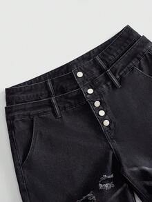 ROMWE MEN Street Life Jeans de mezclilla desgastados decorados con strass para hombre - Negro - Ver 4