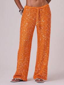 Musera Resort Women Cover Ups Ibiza Boho Vacation Holiday Beach Elegant Summer Sequin Wide Leg Crochet Trouser Spring Carvinal Beachwear Festival - Orange - View 2