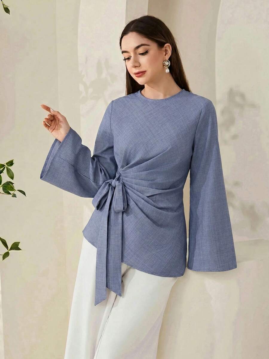 Veilorie 女士纯色圆领喇叭袖侧系带休闲衬衫