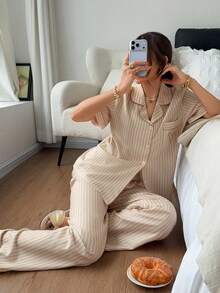 Napfluff Classic Striped Collar Short Sleeve Long Pants Pajama Set - Yellow - View 4