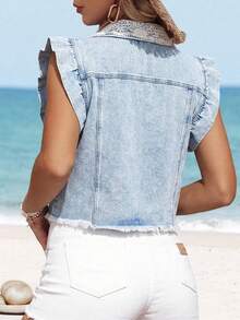 SHEIN Holidaya Plus Size Women Contrast Lace Trim Denim Jacket With Flutter Sleeves - Blue - View 2