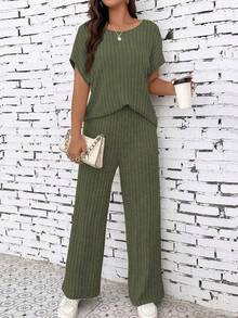 EMERY ROSE Women's Solid Color Ribbed Batwing Sleeve Top And Straight Pants Casual Suit - Army Green - View 3