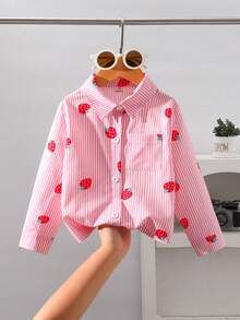 SHEIN Playful Pals YOUNG GIRLS 返校季粉色條紋草莓印花長袖翻領襯衫 英倫風鈕扣上衣 童裝秋季單件 - 粉色 - 查看 4