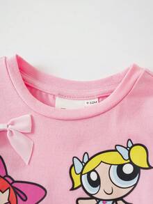 THE POWERPUFF GIRLS X SHEIN 女嬰卡通印花蝴蝶結裝飾T恤短褲套裝 - 粉色 - 查看 4