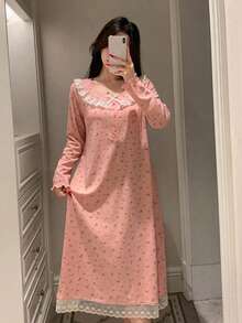 DAZY 甜美花卉蕾絲飾邊長袖寬鬆長洋裝，春夏女款睡裙睡衣套裝 - 粉色 - 查看 3