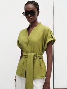 Aveloria Modichic European And American Style Spring/Summer New Fashion Versatile Diagonal Fabric Tie Waist Elegant Casual Office Brunch Solid Color Blouse Olive Green - Green - View 5