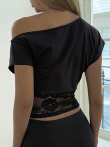 Dazy Tall Women's Lace Patchwork Asymmetrical Shoulder Casual Sexy Vacation Style Short Sleeve Fitted T-Shirt Summer Off The Shoulder Top Date Night Black - Black - View 2