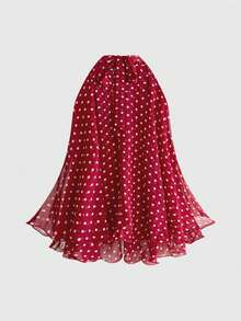 ROMWE Women's Halter Neck Ruffle Hem Flowy Polka Dot Chiffon Top - Red and White - View 2