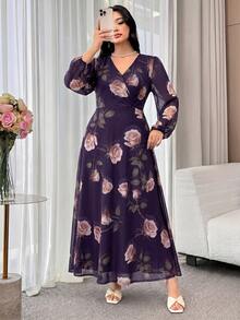 Modelyn Plus Size Elegant Floral All-Over Print Dress - Purple - View 3