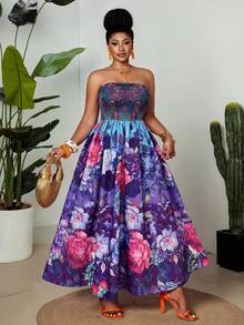 Maweii Vestido Maxi Elegante Vintage de Vacaciones con Estampado Floral Colorido, Plisado y Cruzado, sin Tirantes y sin Mangas, para Mujer Talla Grande, Primavera/Verano - Azul - Ver 3