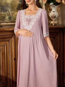 PalaceNights French Vintage Maternity Dress, Lace Loose Fit Maternity Maxi Dress, Gentle Style Home Dress - Dusty Pink - View 1