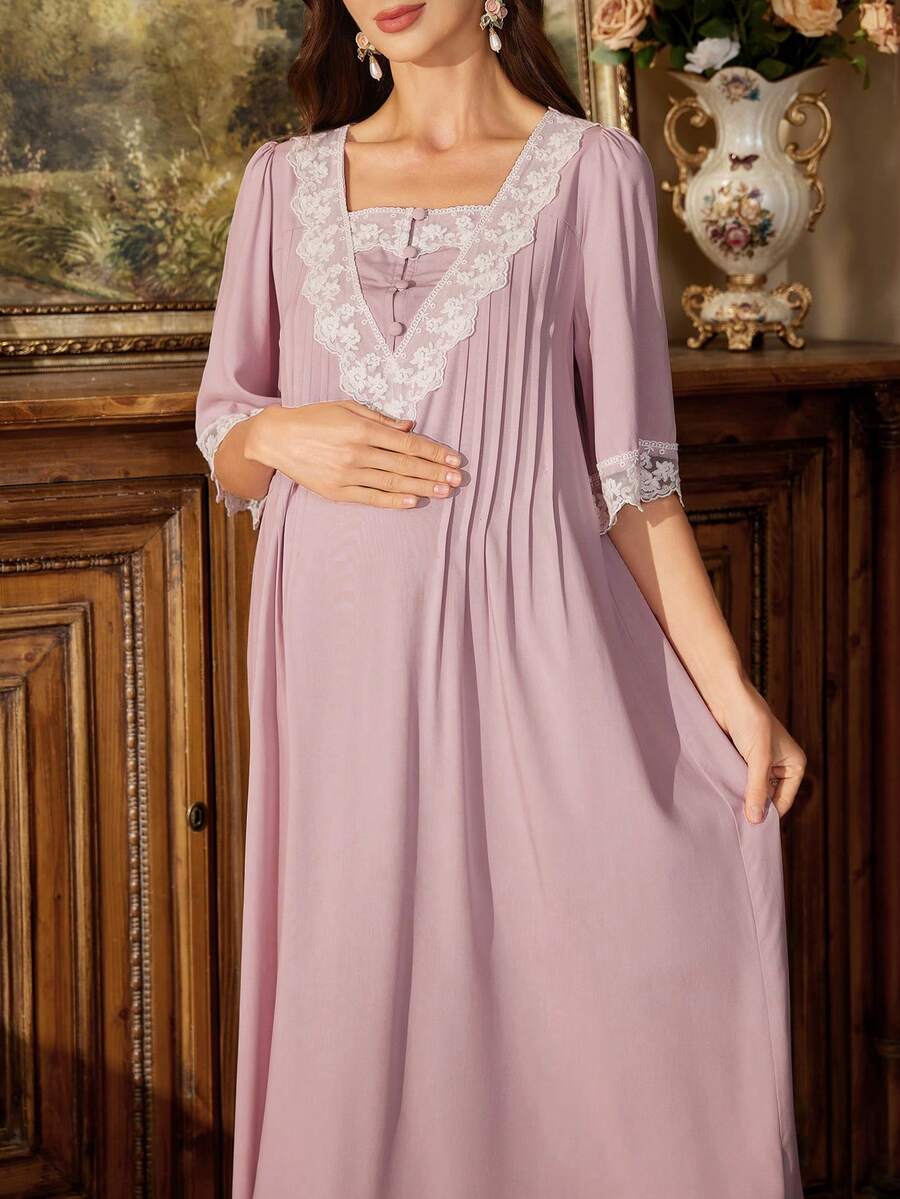 PalaceNights French Vintage Maternity Dress, Lace Loose Fit Maternity Maxi Dress, Gentle Style Home Dress - Dusty Pink - View 1