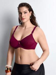 Slumbrini One Piece Plus Size Solid Color Stretchy Ultra-Thin Underwire Bra, Simple For Daily Wear - Burgundy - View 7
