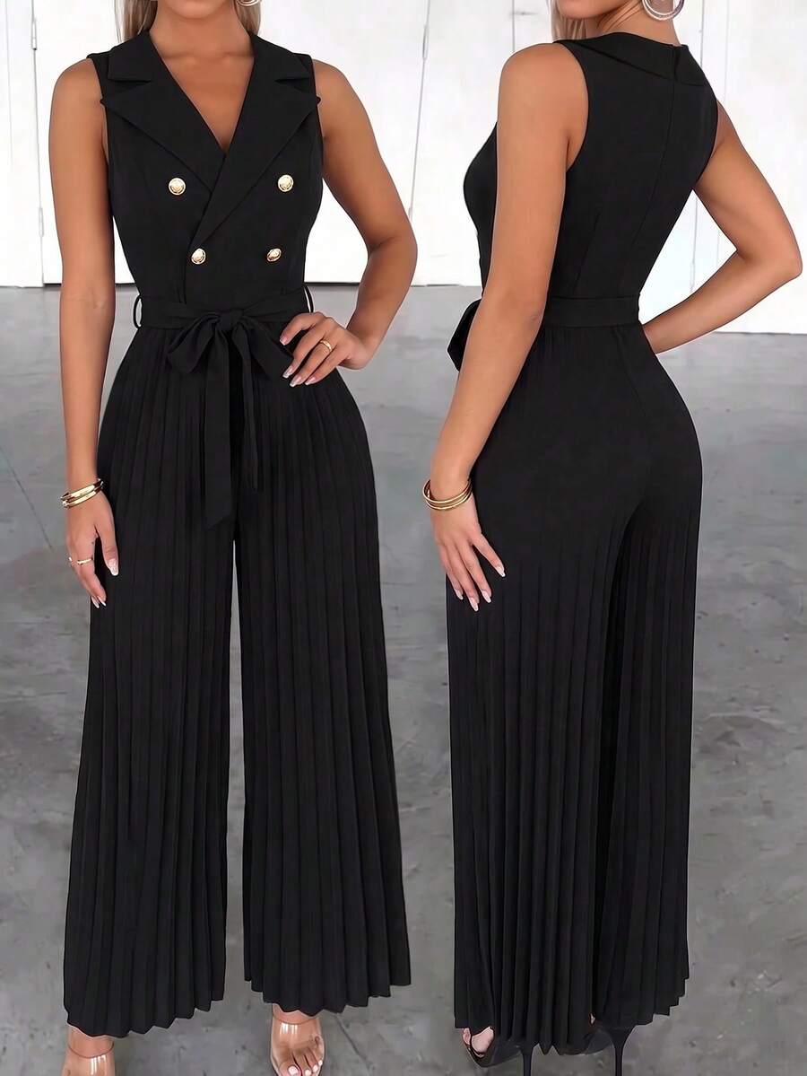 Selianne Women's Elegant Apricot Double-Breasted Pleated Jumpsuit, Suitable For Spring And Autumn - Black - View 1