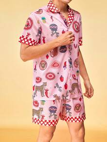 Notgurli Men's Cream Banana Skateboard Print Collared Single-Breasted Loungewear Set, Playful Casual Summer Home 2 Pcs Outfits - Multicolor - View 4