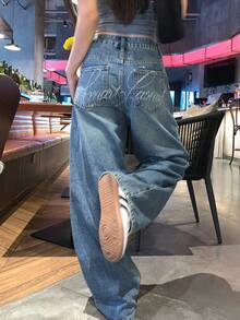 Livesso Petite Women's Pocket Button Casual Versatile Daily Outing Wide Leg Jeans ,Petite Women - Blue - View 2