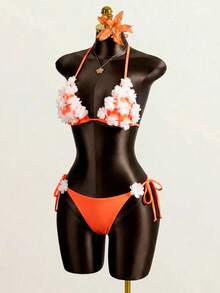 Swim SXY 性感休閒音樂節優雅春夏度假海灘派對 3D花卉裝飾掛脖比基尼套裝 - 彩色 - 查看 3