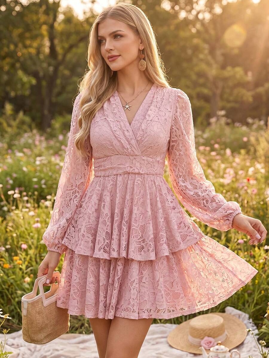 Amorya Vestido mini elegante y romántico para mujer con estampado floral rosa, mangas de farol, adecuado para citas nocturnas, fiestas en el jardín, fiestas diurnas, vacaciones, verano y otoño - Rosa - Ver 1