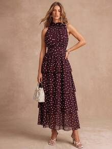 Enchnt Premium Summer Romantic Women's Elegant Brown Polka Dot Print Cake Hem Halter Neck Dress,Graduation Dress,Festival Outfits,Back To School,Fall - Brown - View 4